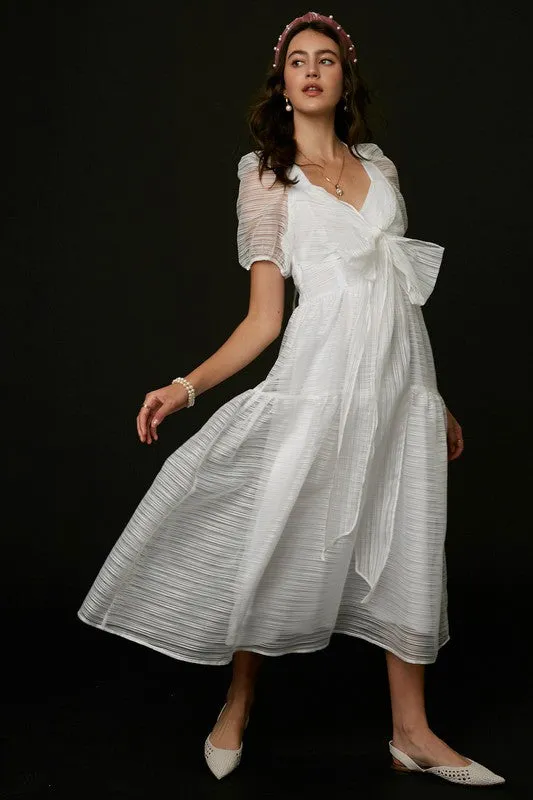 White Front Wrap Gauze Semi Sheer Midi Dress