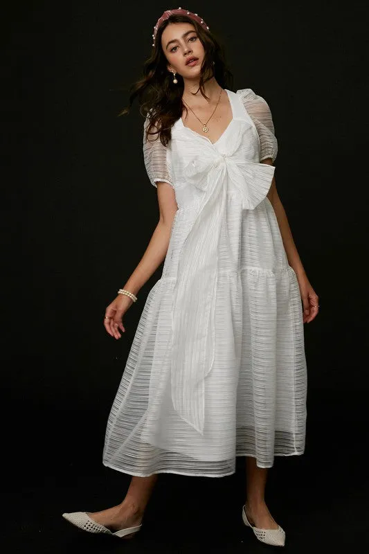 White Front Wrap Gauze Semi Sheer Midi Dress