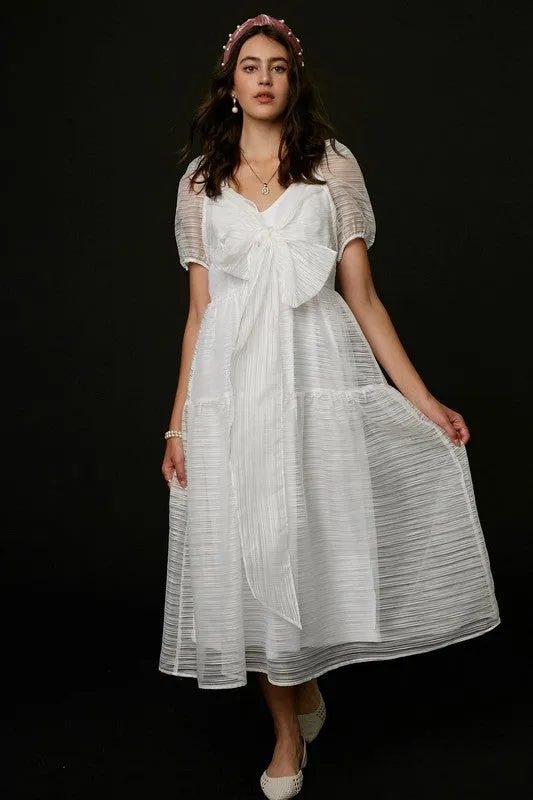 White Front Wrap Gauze Semi Sheer Midi Dress