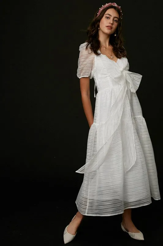 White Front Wrap Gauze Semi Sheer Midi Dress