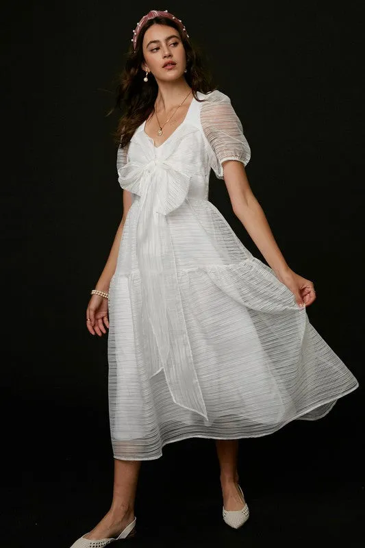 White Front Wrap Gauze Semi Sheer Midi Dress