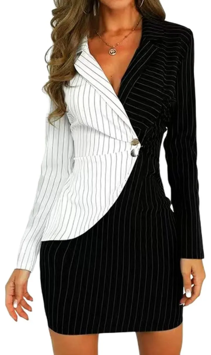 Women V Neck Long Sleeve Bodycon Blazer Dress, Black White Stripes Patchwork Slim Fashion   S254862
